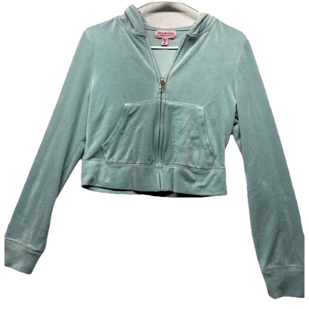 Juicy Couture Women's Velour Jacket Light Blue Cropped Size M Full Zip Rinestone